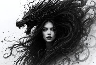 The primary subject of the image is a woman with long, dark hair. She is wearing a dress and has a serene expression on her face. The setting is a black and white background, which adds a dramatic and artistic touch to the scene. The visual style is a combination of digital art and illustration, creating a unique and captivating image. The colors and mood of the image are predominantly dark and moody, with the woman's hair and dress being the main focus of the composition.